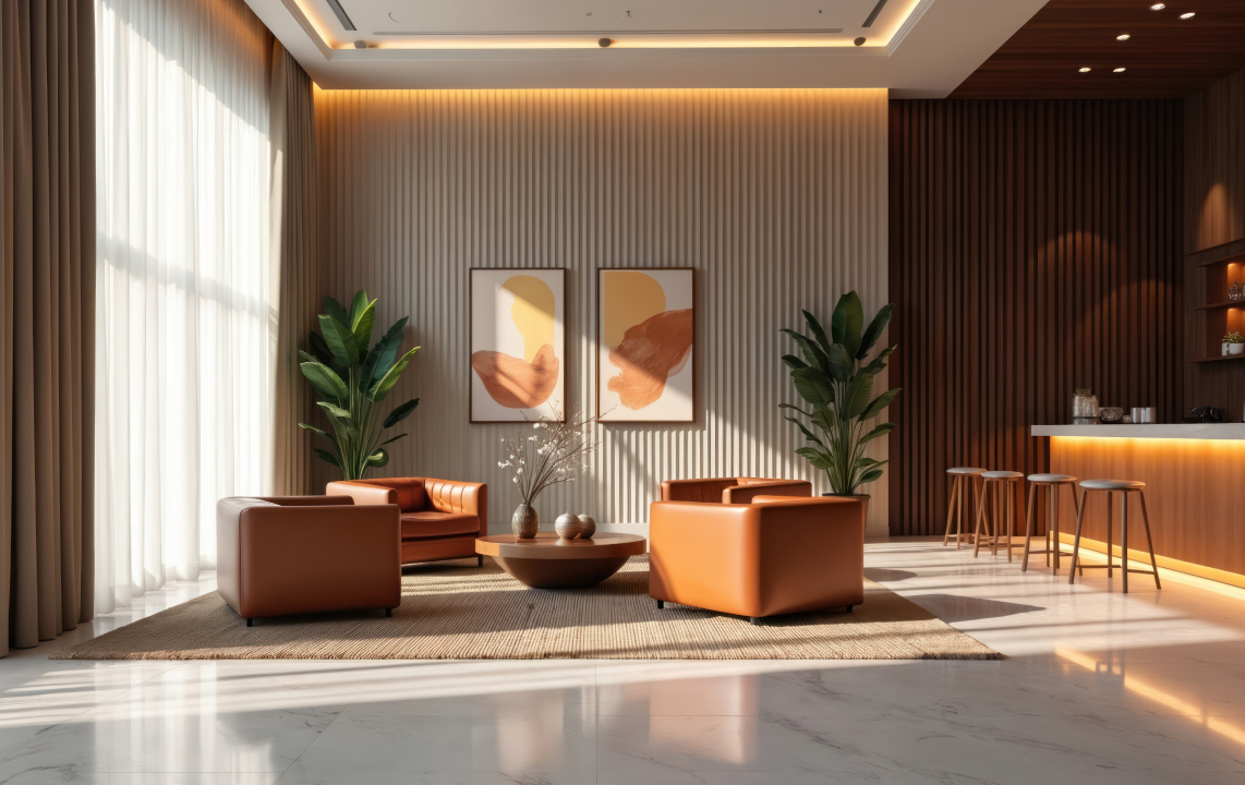 軽やかなシアーカーテンでつくる上質なロビー空間